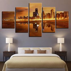 dusk city building nature 5 pieces canvas wall art, large framed 5 panel canvas wall art