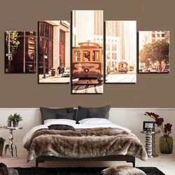 european cities tram city nature 5 pieces canvas wall art, large framed 5 panel canvas wall art