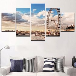 ferris wheel city nature 5 pieces canvas wall art, large framed 5 panel canvas wall art