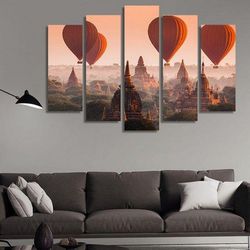 four air balloons over buddhist temples at sunrise nature 5 pieces canvas wall art, large framed 5 panel canvas wall art