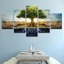 grassland big tree fairy tale tree nature 5 pieces canvas wall art, large framed 5 panel canvas wall art