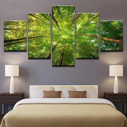 green sunshine woods forest nature 5 pieces canvas wall art, large framed 5 panel canvas wall art