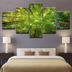 green sunshine woods trees landscape nature 5 pieces canvas wall art, large framed 5 panel canvas wall art