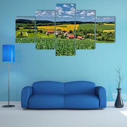 green village scenery landscape in spring time nature 5 pieces canvas wall art, large framed 5 panel canvas wall art