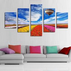 hot air balloon and flowers nature 5 pieces canvas wall art, large framed 5 panel canvas wall art