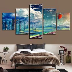 hot air balloon forest white cloud nature 5 pieces canvas wall art, large framed 5 panel canvas wall art