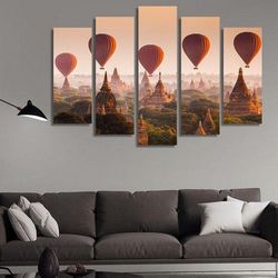 hot air balloons over plain of bagan nature 5 pieces canvas wall art, large framed 5 panel canvas wall art