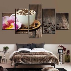 kitchen and restaurant coffee beans flower coffee cup nature 5 pieces canvas wall art, large framed 5 panel canvas wall