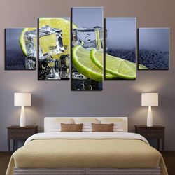 kitchen and restaurant lemon ice cubes food drink nature 5 pieces canvas wall art, large framed 5 panel canvas wall art