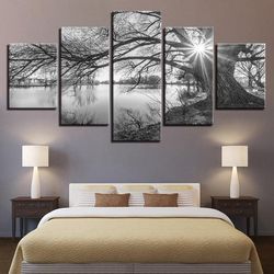 lakeside lake big trees tree sunset 01 nature 5 pieces canvas wall art, large framed 5 panel canvas wall art