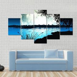 large moon on alien planet nature 5 pieces canvas wall art, large framed 5 panel canvas wall art