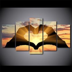 love hands sunset together shape of heart sunset gulf nature 5 pieces canvas wall art, large framed 5 panel canvas wall