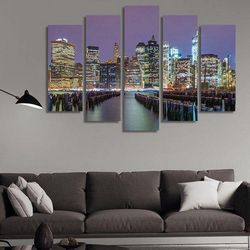 lower manhattan skyline 01 nature 5 pieces canvas wall art, large framed 5 panel canvas wall art