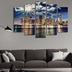 lower manhattan skyline nature 5 pieces canvas wall art, large framed 5 panel canvas wall art