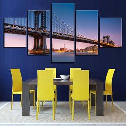 manhattan bridge new york city night nature 5 pieces canvas wall art, large framed 5 panel canvas wall art