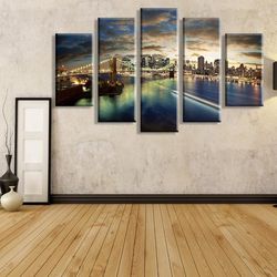 manhattan brooklyn bridge victory day nature 5 pieces canvas wall art, large framed 5 panel canvas wall art