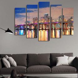 miami city skyline 01 nature 5 pieces canvas wall art, large framed 5 panel canvas wall art