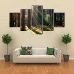 misty old forest autumn woods nature 5 pieces canvas wall art, large framed 5 panel canvas wall art