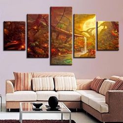 moon fireflies tree nature 5 pieces canvas wall art, large framed 5 panel canvas wall art