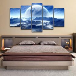 moon planet space mountains clouds dream landscape nature 5 pieces canvas wall art, large framed 5 panel canvas wall art