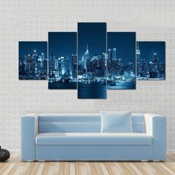 moon rise over manhattan with city skyline nature 5 pieces canvas wall art, large framed 5 panel canvas wall art