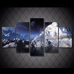 moon snowy sky nature 5 pieces canvas wall art, large framed 5 panel canvas wall art