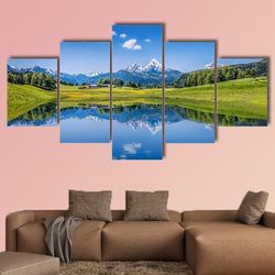mountain lake and fresh green mountain nature 5 pieces canvas wall art, large framed 5 panel canvas wall art