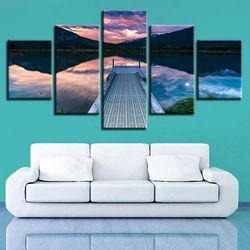 mountain lake woods bridge nature 5 pieces canvas wall art, large framed 5 panel canvas wall art