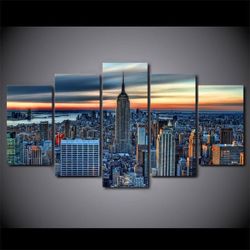 new york city skyline cityscape nature 5 pieces canvas wall art, large framed 5 panel canvas wall art