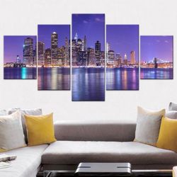 night seaside city nature 5 pieces canvas wall art, large framed 5 panel canvas wall art