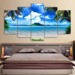 palm trees at the beach beach 5 pieces canvas wall art, large framed 5 panel canvas wall art