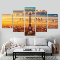 paris city 5 pieces canvas wall art, large framed 5 panel canvas wall art