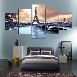 paris cityscape eiffel tower nature 5 pieces canvas wall art, large framed 5 panel canvas wall art