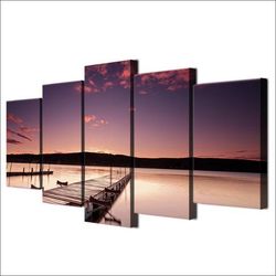 pier painting wood dock evening nature 5 pieces canvas wall art, large framed 5 panel canvas wall art
