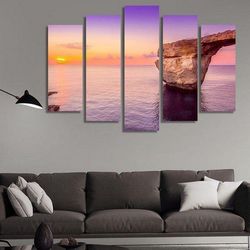 purple sunset view of azure window nature 5 pieces canvas wall art, large framed 5 panel canvas wall art
