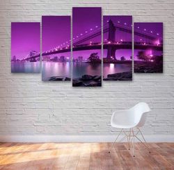 manhattan bridge by night nature 5 pieces canvas wall art, large framed 5 panel canvas wall art