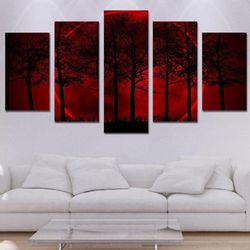 red forest large nature 5 pieces canvas wall art, large framed 5 panel canvas wall art