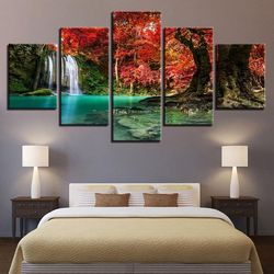 red trees nature 5 pieces canvas wall art, large framed 5 panel canvas wall art