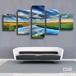 river and blue sky landscape nature 5 pieces canvas wall art, large framed 5 panel canvas wall art