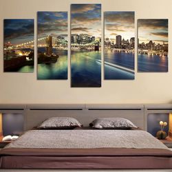 river prosperous city nature 5 pieces canvas wall art, large framed 5 panel canvas wall art