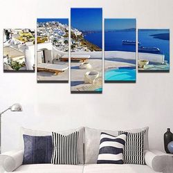 santorini greece large nature 5 pieces canvas wall art, large framed 5 panel canvas wall art