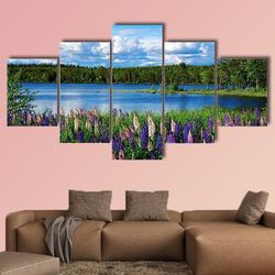 scandinavian summer landscape with lupies and lake nature 5 pieces canvas wall art, large framed 5 panel canvas wall art