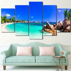 seascape blue island nature 5 pieces canvas wall art, large framed 5 panel canvas wall art