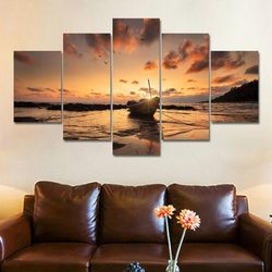 seascape sunset boat nature 5 pieces canvas wall art, large framed 5 panel canvas wall art