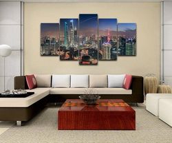shangai city view nature 5 pieces canvas wall art, large framed 5 panel canvas wall art