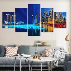 singapore cityscape night nature 5 pieces canvas wall art, large framed 5 panel canvas wall art