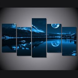 snowy night moon nature 5 pieces canvas wall art, large framed 5 panel canvas wall art