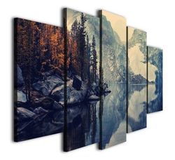 spring lake mountain landscape nature 5 pieces canvas wall art, large framed 5 panel canvas wall art