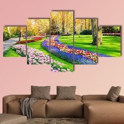 spring landscape with multicolor tulips nature 5 pieces canvas wall art, large framed 5 panel canvas wall art