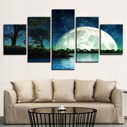 starry moon night lake trees landscape nature 5 pieces canvas wall art, large framed 5 panel canvas wall art